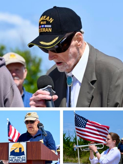 a korean war vet speaks into a microphone, a volunteer with FMHA stands at a podium, a high school student plays the trumpet with the American flag waving behind her